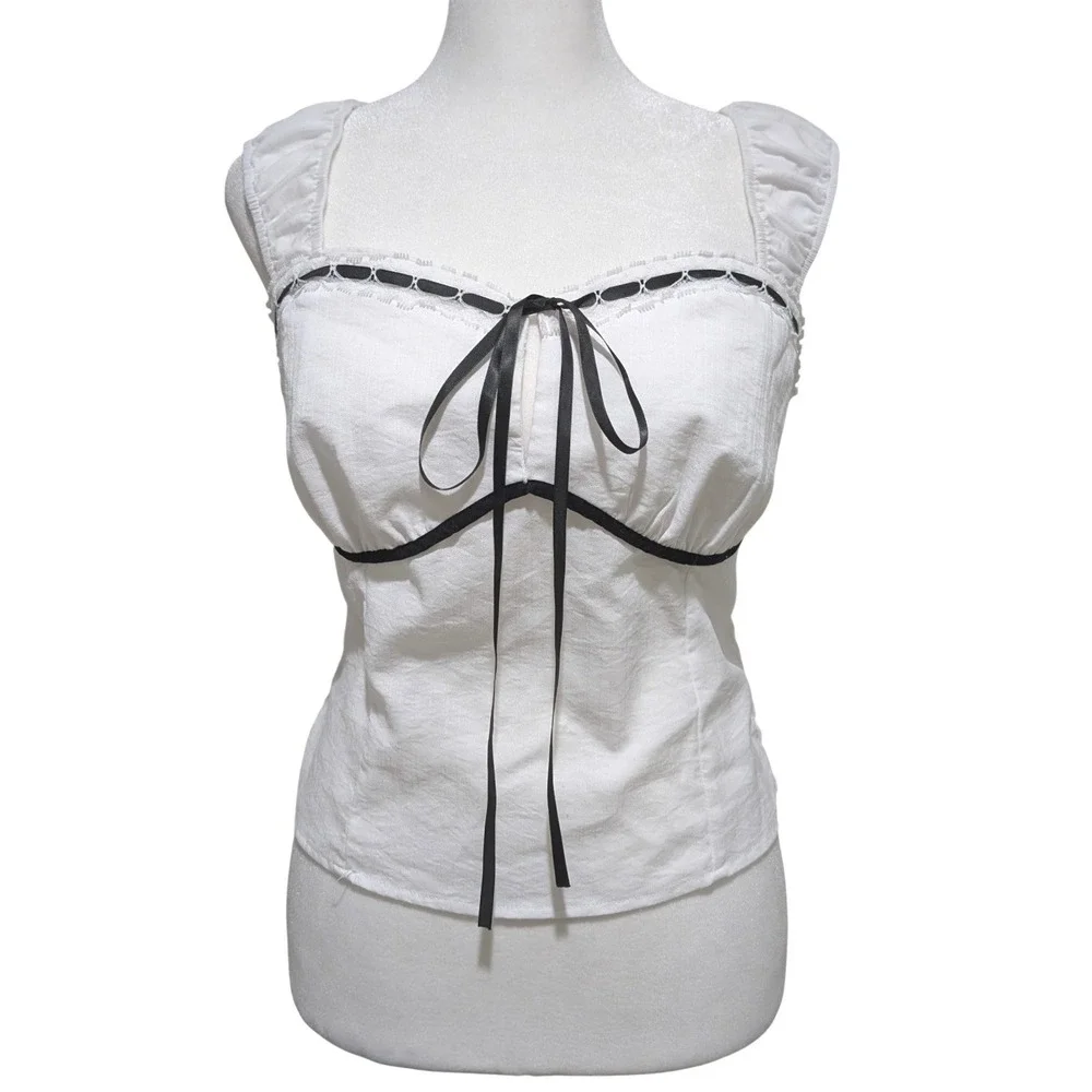 White Milkmaid Top Black Ribbon Trim Smocked Back Coquette Cottagecore Summer L